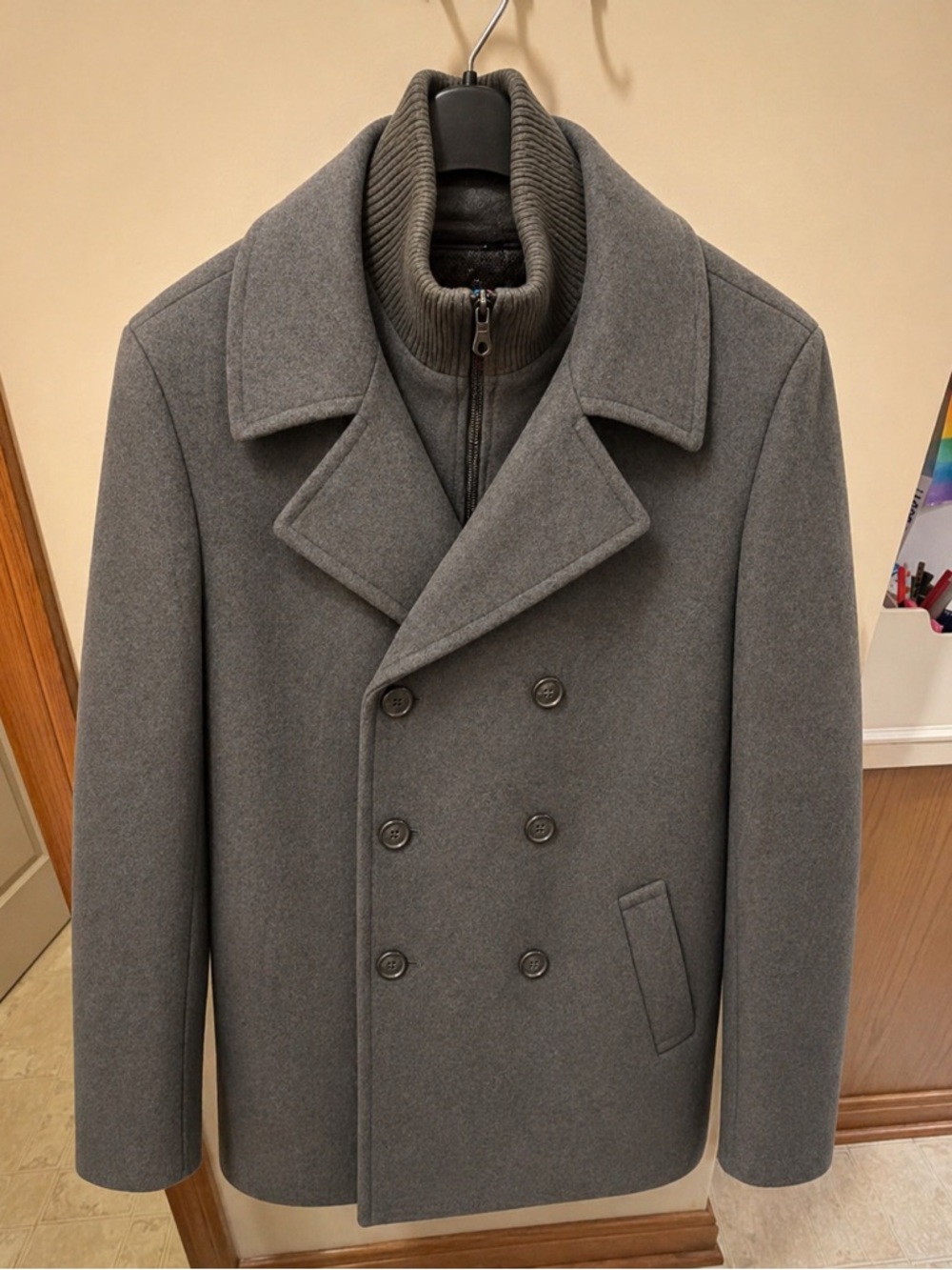 Egara Men's Double-Breasted Gray Wool Peacoat